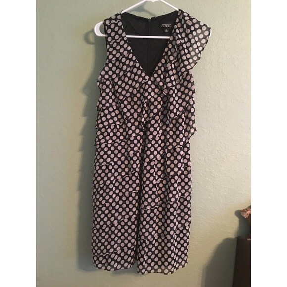 Adrianna Papell Size 10 Layered Ruffle Sleeveless Black Tan  Polka Dot Dress - Picture 1 of 6